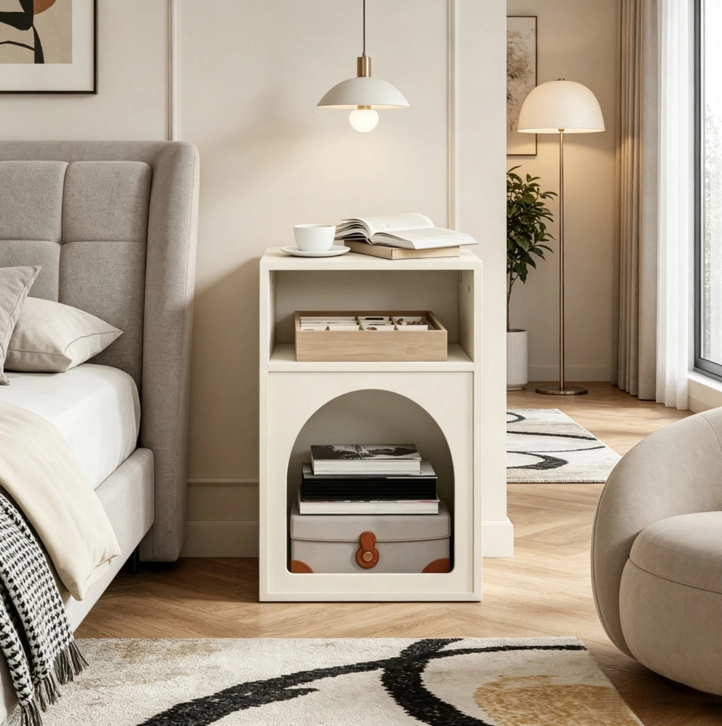 Comodino moderno in MDF crema con ripiani aperti 40x30x60 cm