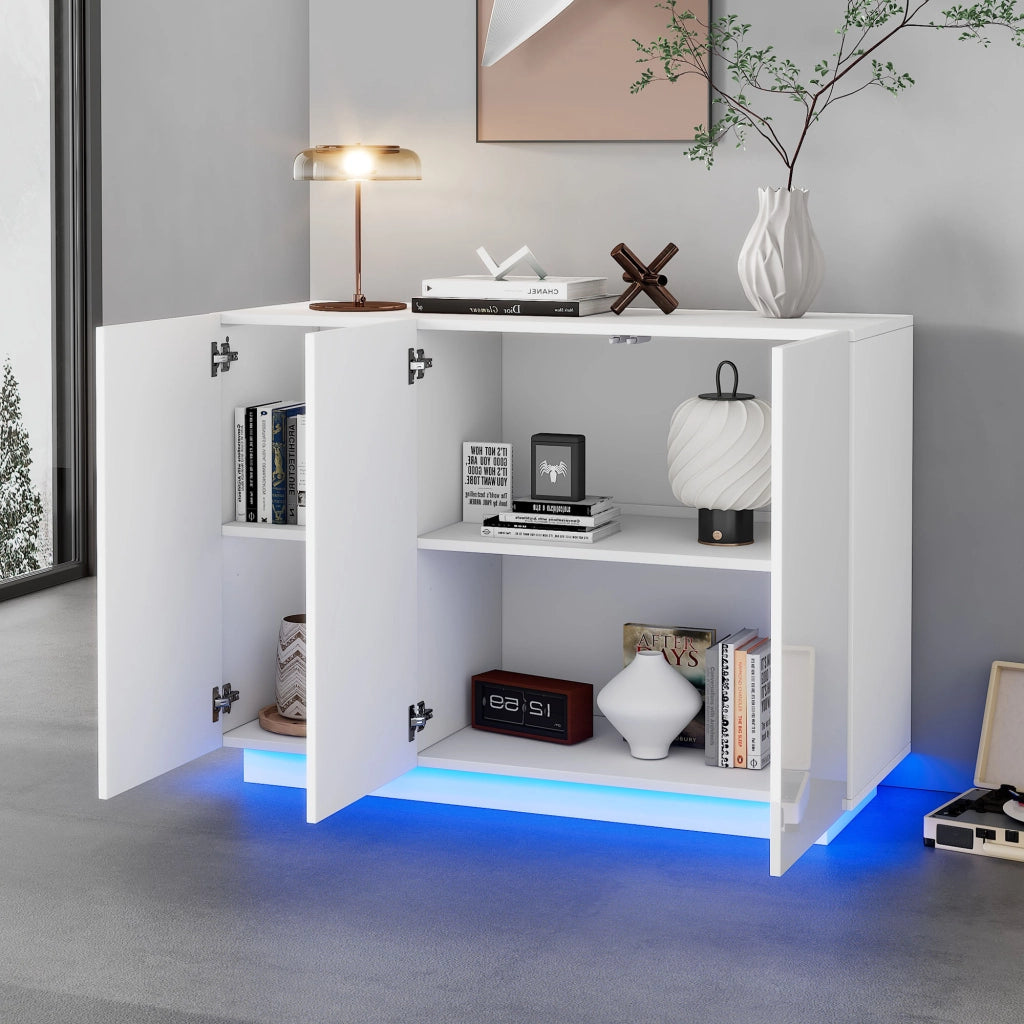 Credenza 120 × 40 × 75 cm con 3 ante e ripiani regolabili in pannello truciolare bianco lucido LED Bluetooth
