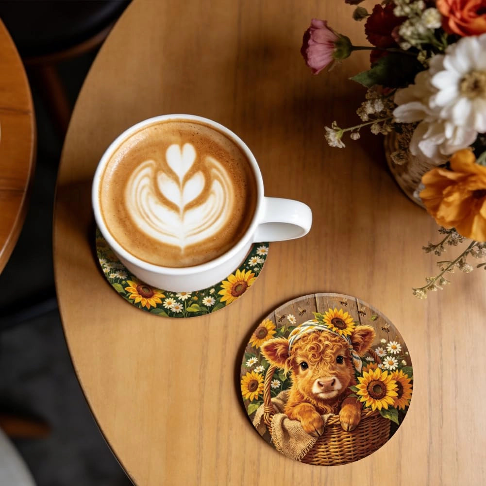 Set di 9 sottobicchieri in legno con motivo di mucche highland e girasoli, diametro 10 cm