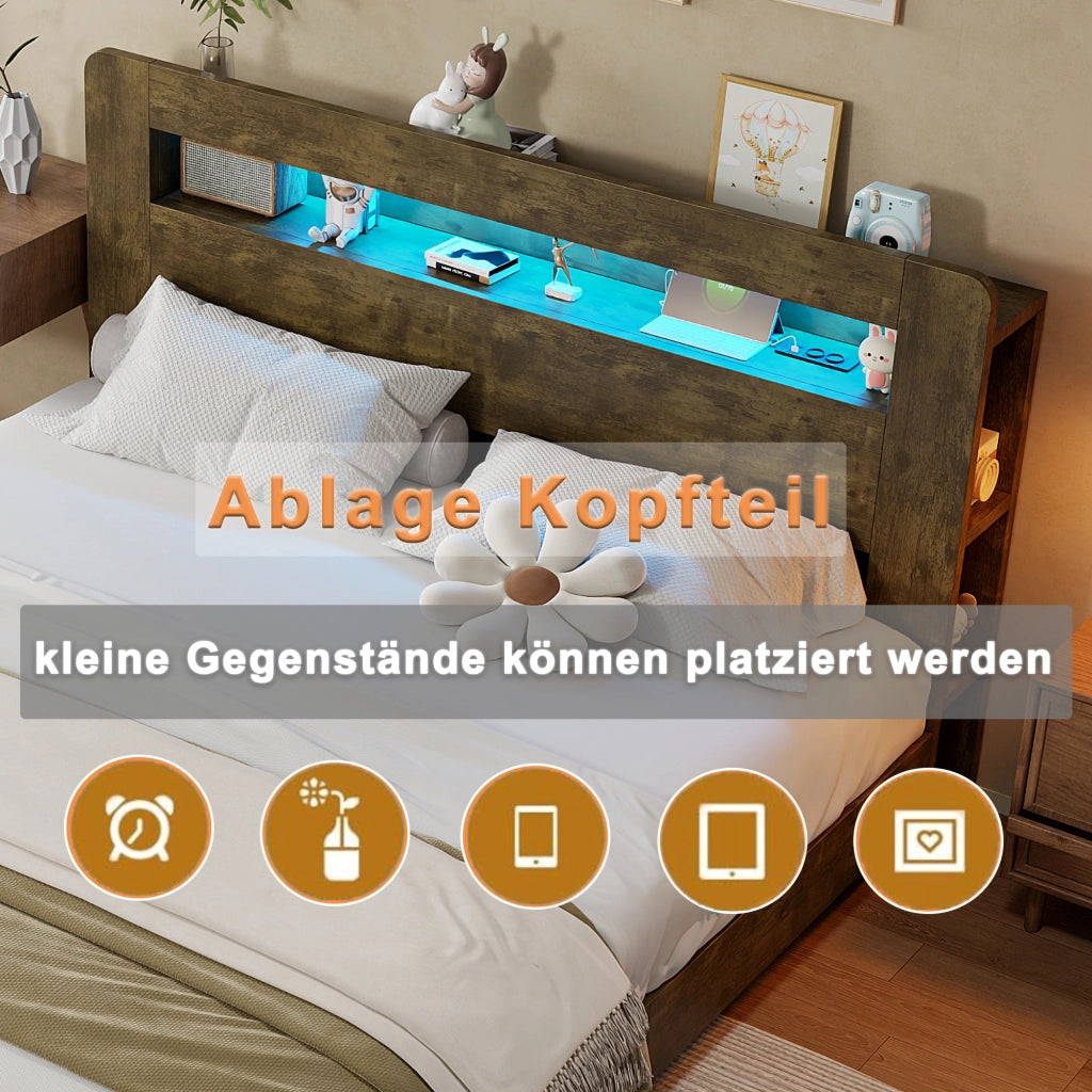 Letto contenitore 140 × 200 cm con sollevamento idraulico testiera con LED prese e vani in legno vintage