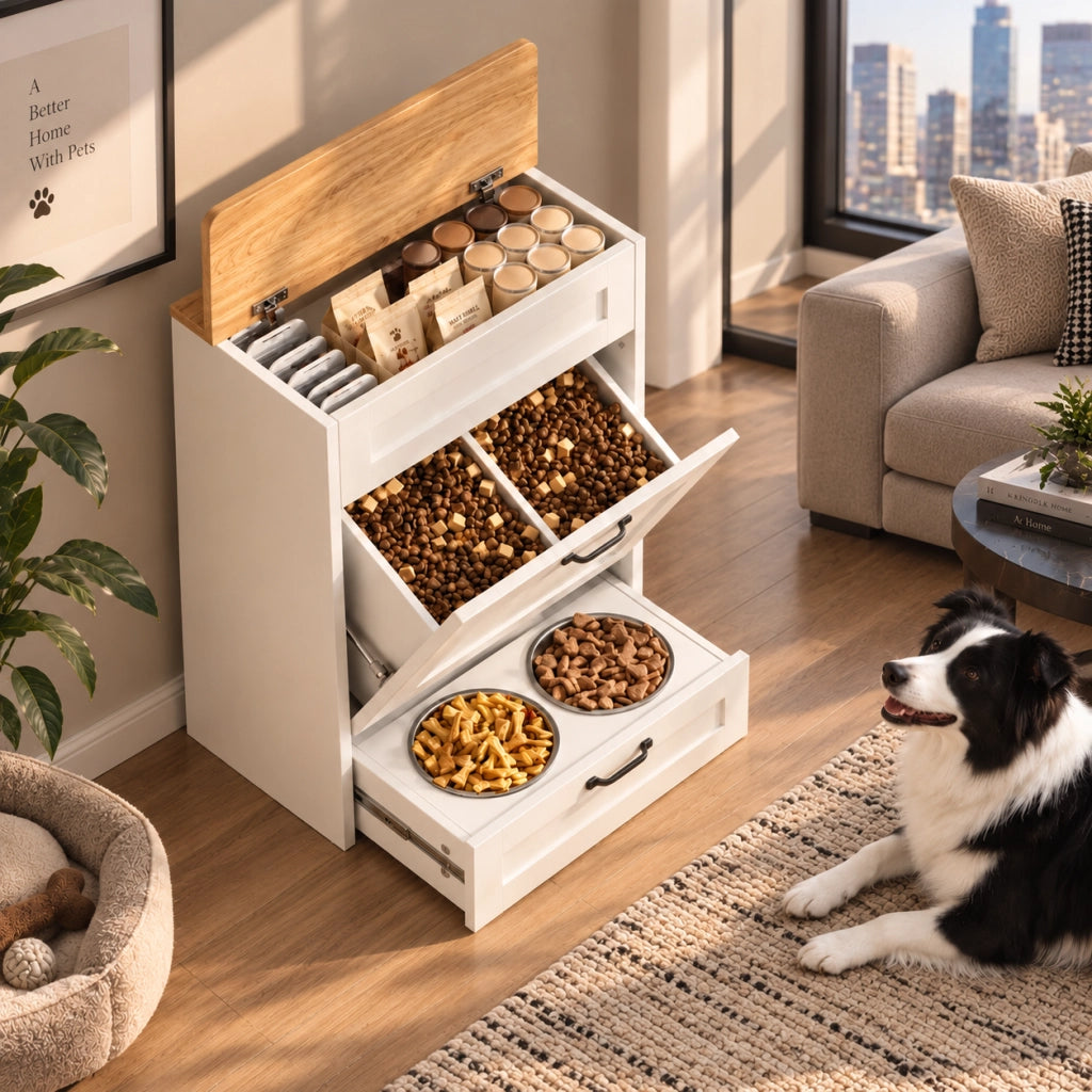 Stazione alimentare rialzata per cani 60 per 32 per 82 cm con due scomparti e cassetto estraibile, legno composito, bianco naturale