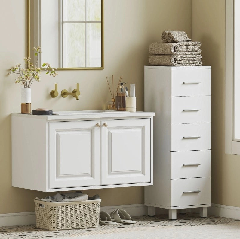 Mobile bagno bianco compatto con 5 cassetti, 30 x 30 x 95 cm