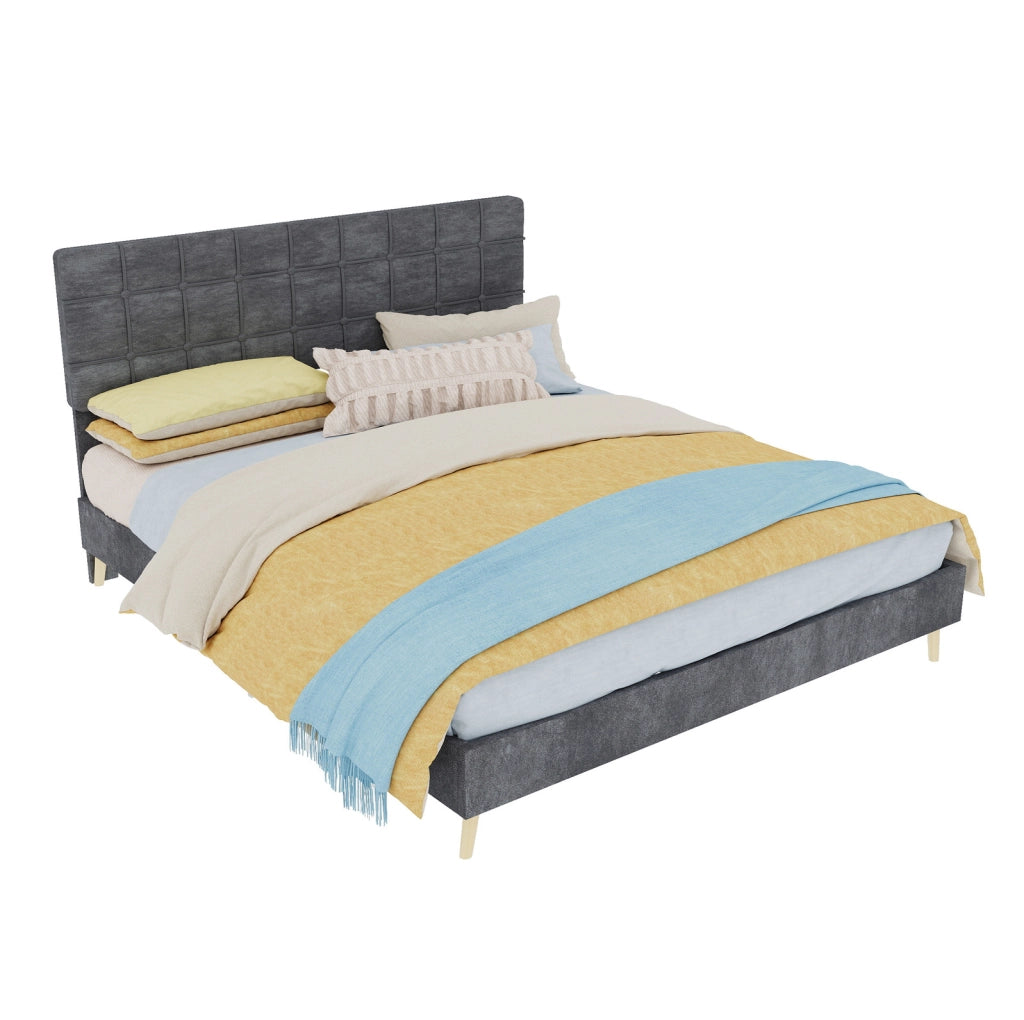 Letto matrimoniale grigio scuro in tessuto con testiera imbottita a quadri, 160x200 cm, con materasso incluso