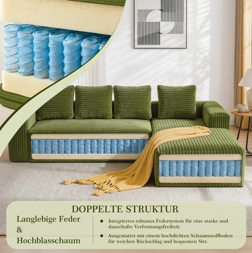 Divano modulare a L con chaise longue in velluto a coste verde