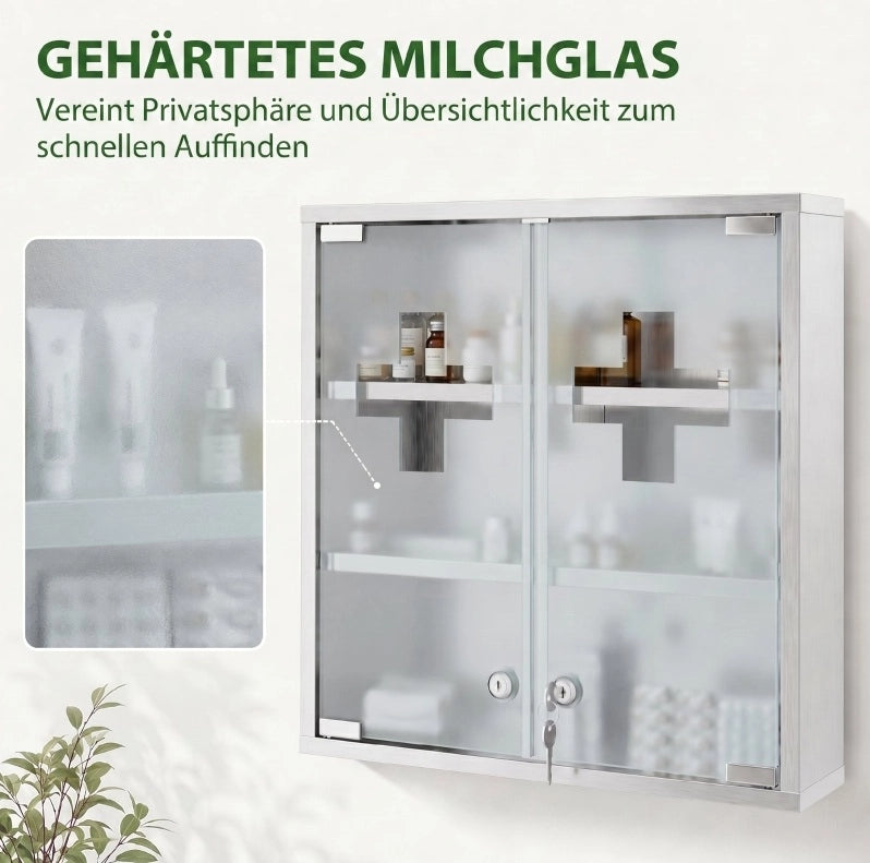 Armadio portamedicinali da parete in acciaio inox con porta in vetro satinato e serratura, 48 x 46 x 12 cm, argento