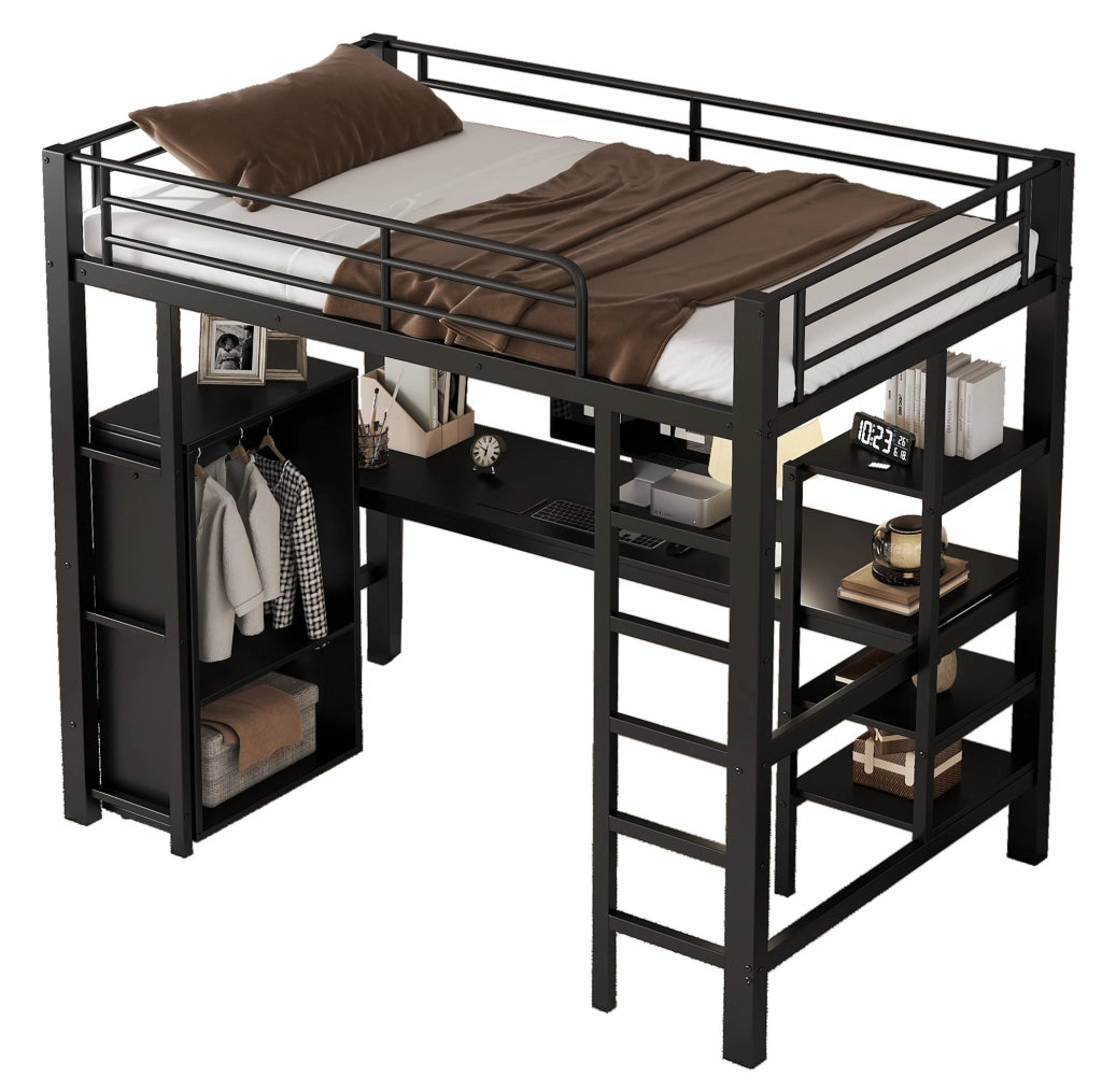 Letto a castello in ferro nero con scrivania e armadio integrati, 90x200 cm, per bambini e adolescenti
