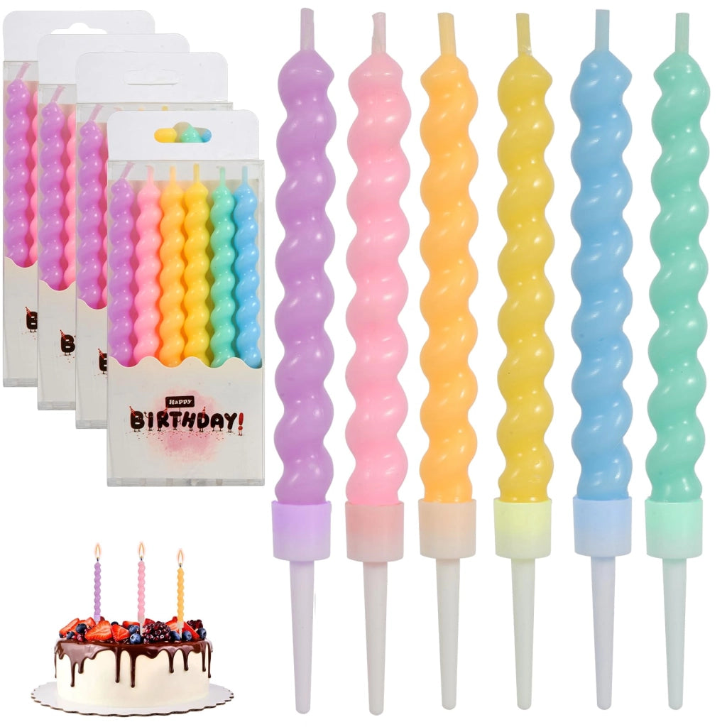 24 candeline colorate per compleanno, a spirale, di 8,2 cm, complete di supporti