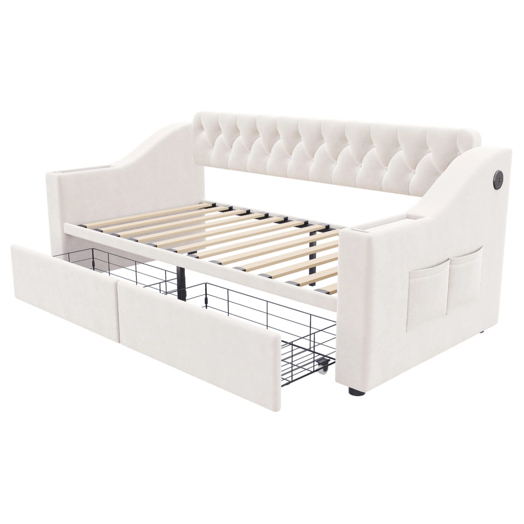 Divano letto 214,5x96x78,5 cm con contenitore, cassetti e USB in velluto beige per piccoli spazi, moderno