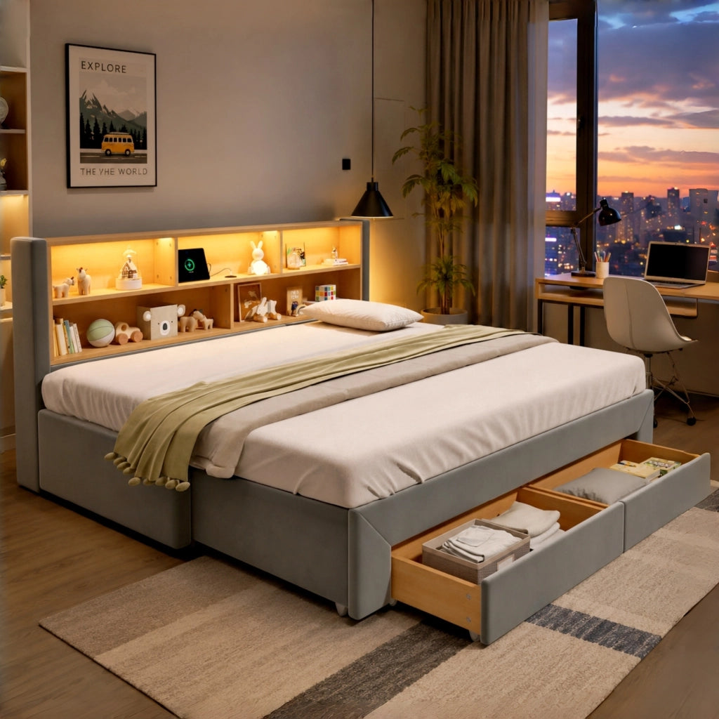 Letto singolo estraibile 90 × 200 cm estensibile a 180 × 200 cm con 2 cassetti USB Type-C LED velluto grigio