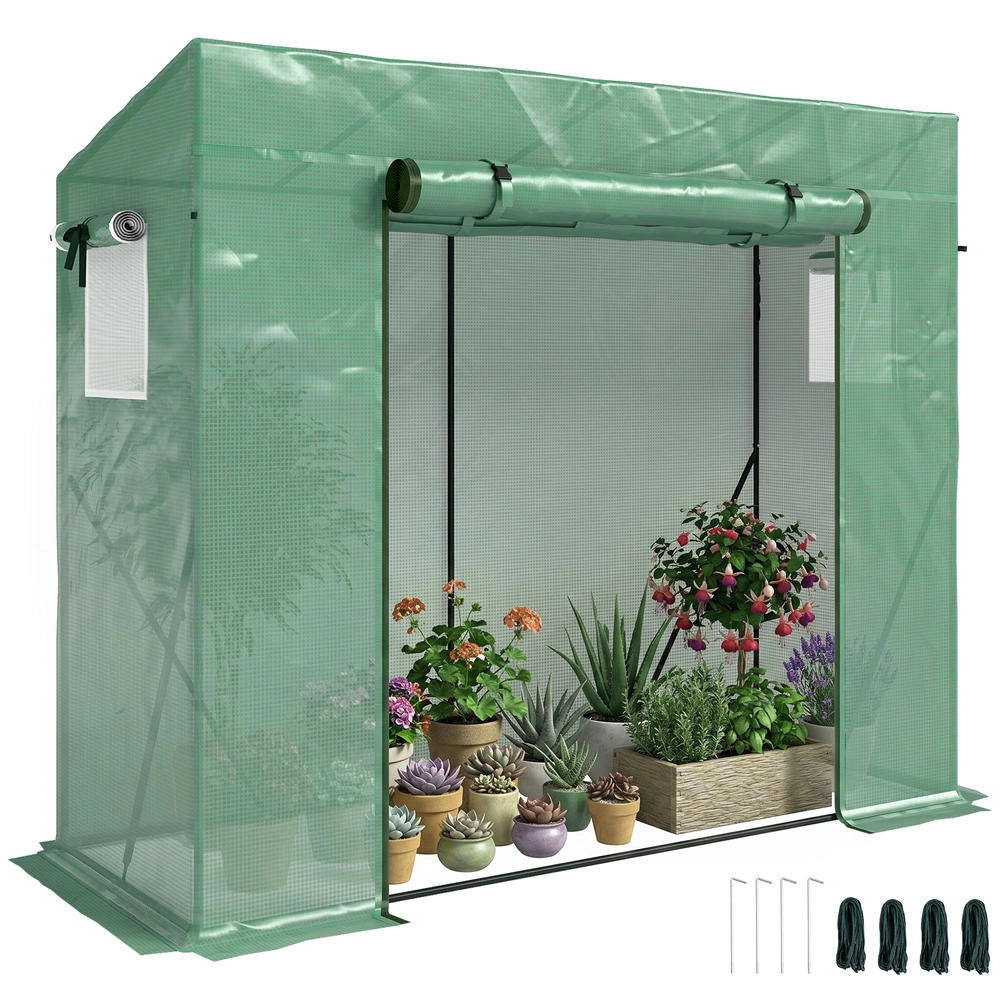 Serra da giardino per piante e pomodori 200L x 77l x 169H cm in acciaio e PE verde con 2 finestre zanzariera e barre di rinforzo