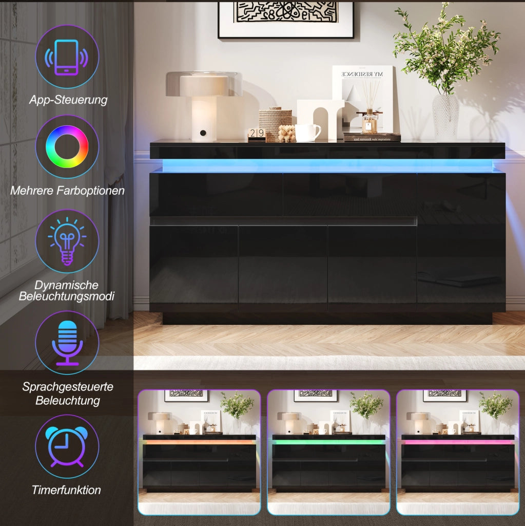 Credenza nera lucida 140 x 35 x 72,5 cm con illuminazione a LED