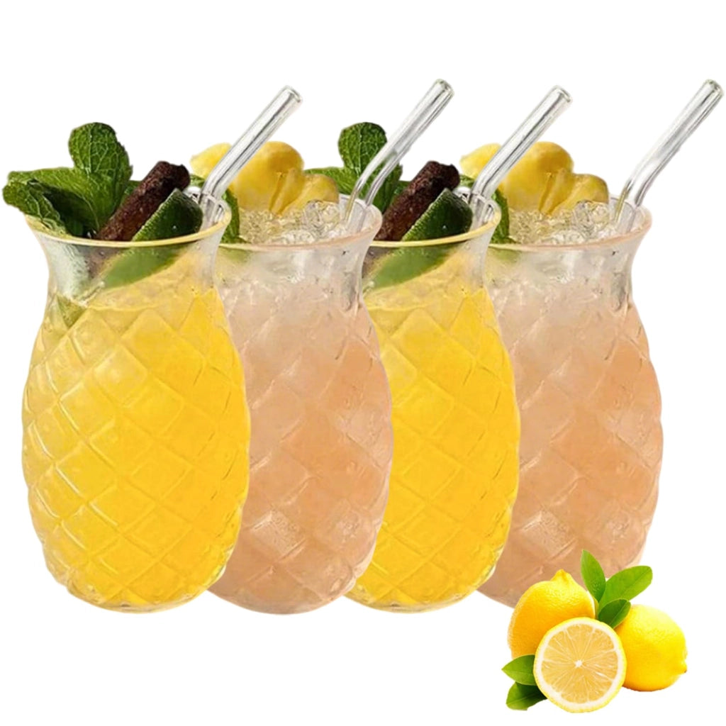 Set di 4 bicchieri per ananas, capacità 480 ml, trasparenti, resistenti al calore, con cannuccia