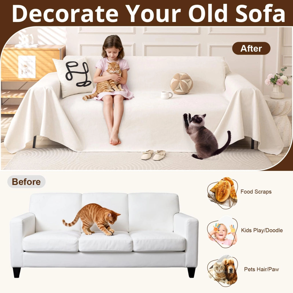Copertura per divano a forma di L, 180x300 cm, idrorepellente, color beige-bianco