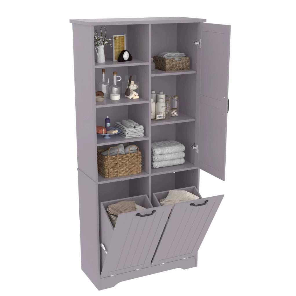 Mobile da bagno in MDF grigio 78x35x172 cm con doppio cestino per biancheria e ripiani regolabili