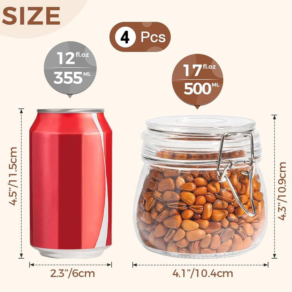 Barattoli di vetro ermetici con coperchio, set da 4, 475 ml, barattoli per conserve con clip a filo per cucina, sottaceti, cereali, pasta, zucchero, fagioli