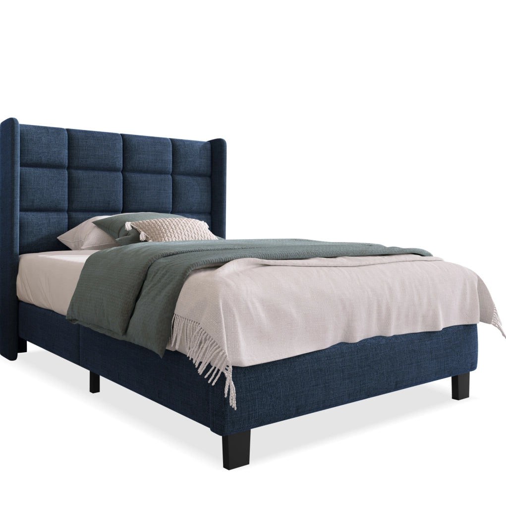 Letto Singolo Moderno con Testiera Imbottita, Rete a Doghe 90x200 cm, Tessuto Blu Lino, Montaggio Incluso, Senza Materasso