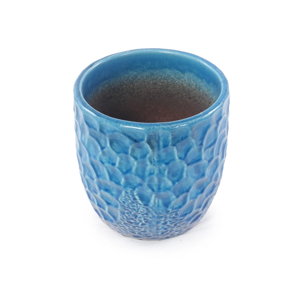 Vaso in ceramica blu lucida con rilievo, diametro 30 cm