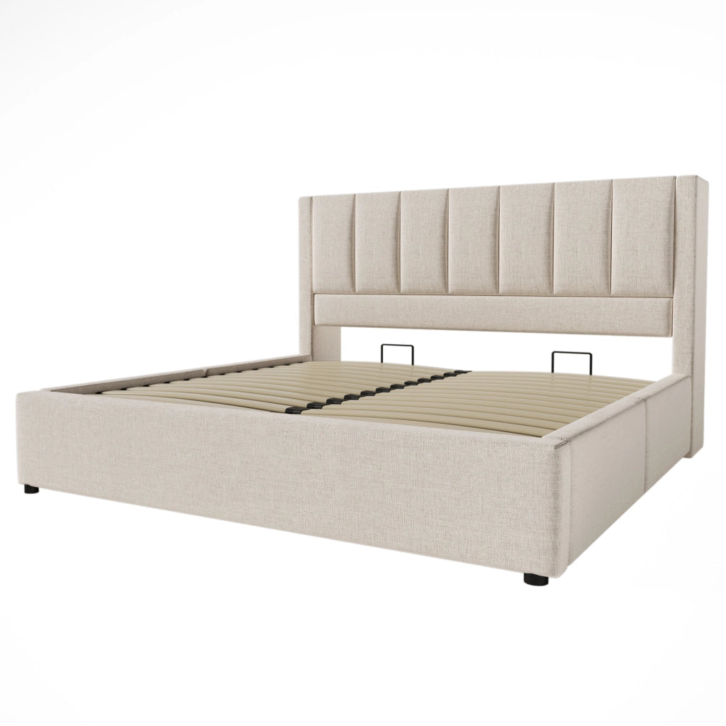 Letto imbottito 140 × 190 cm con contenitore idraulico; USB e Type-C; lino beige