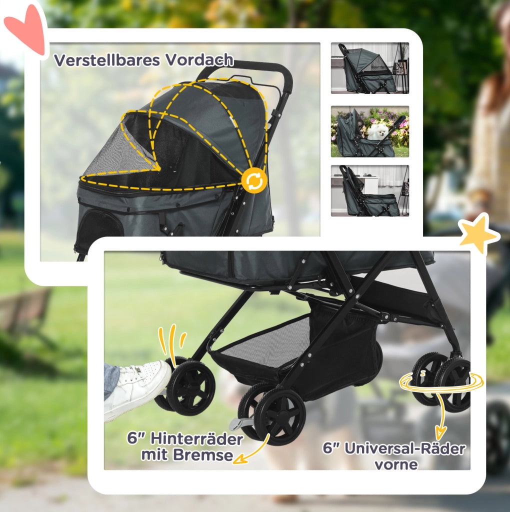 PASSEGGINO per cani piccoli pieghevole 76,5 x 52 x 95 cm poliestere grigio scuro