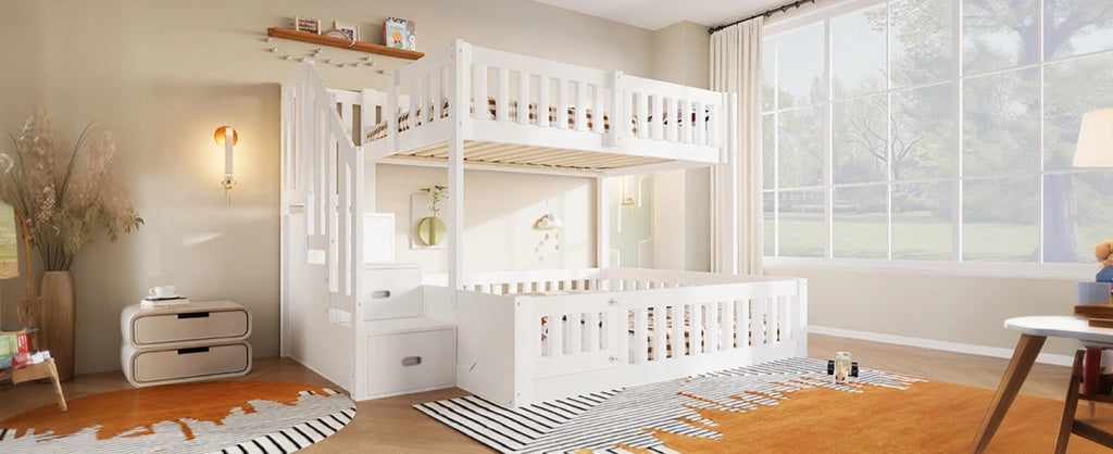 Letto a castello bianco 90x200 e 140x200 con scala e spazio contenitivo in pino massello