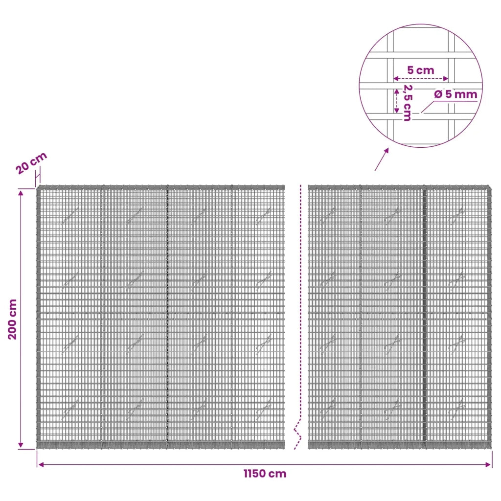 Gabione con Filo da 5 mm e Rete da 5x2,5 cm 1150x20x200 cm 3463649