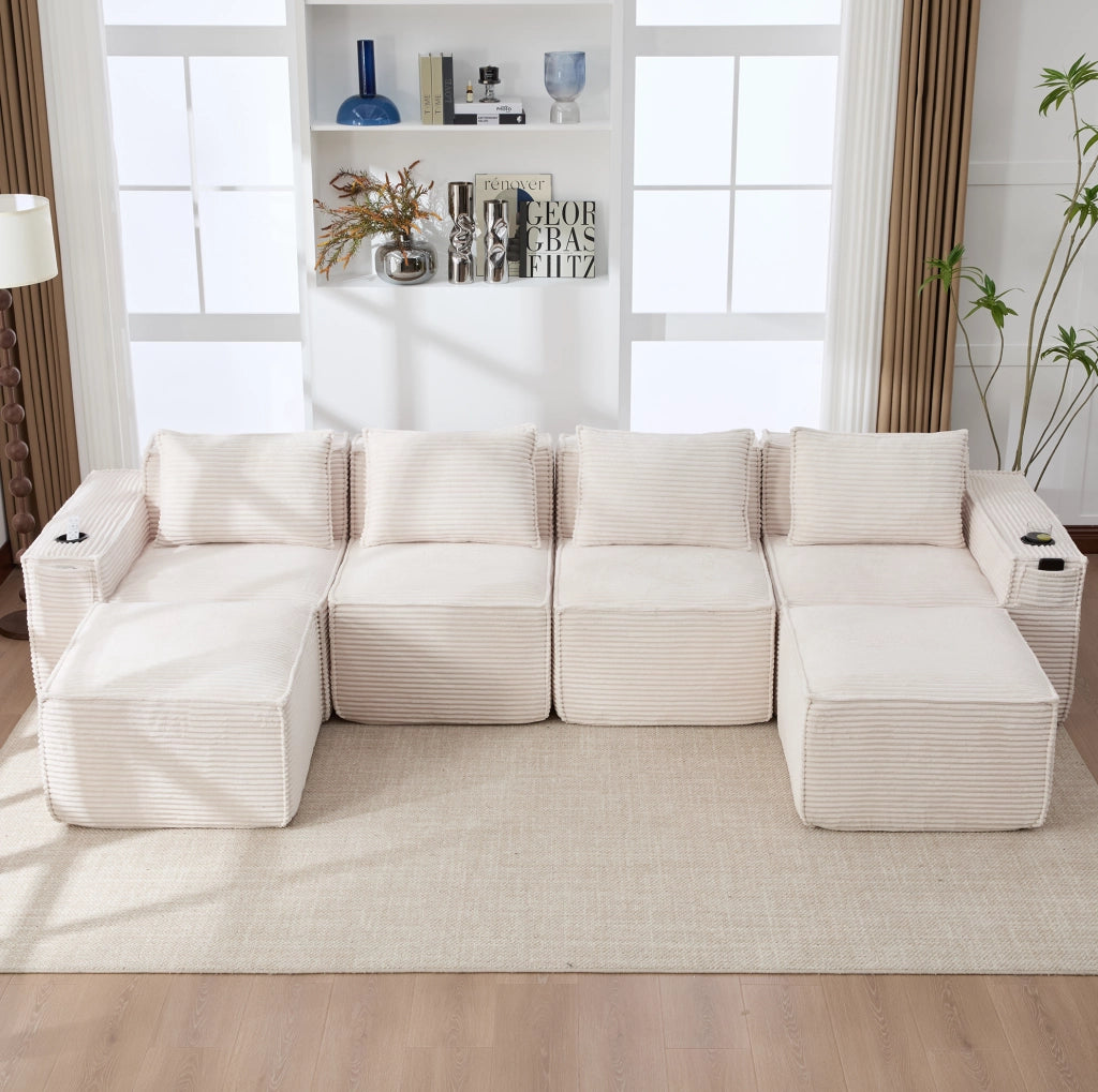 Divano modulare 4 posti 330x162x75 cm con 2 pouf, portabicchieri, tasche laterali e cuscini inclusi in velluto a coste beige