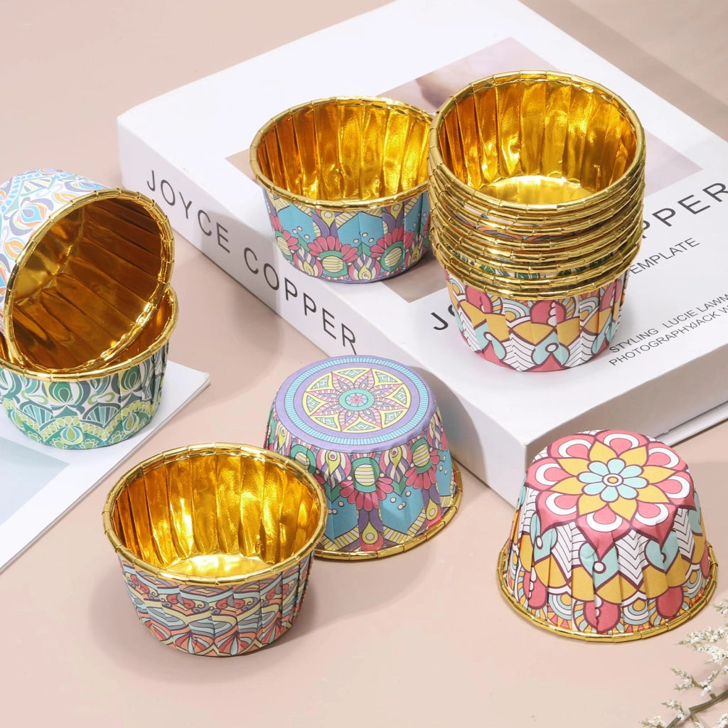 100 stampi in alluminio per cupcake da 3,5 once, color oro, stile boho, ideali per feste