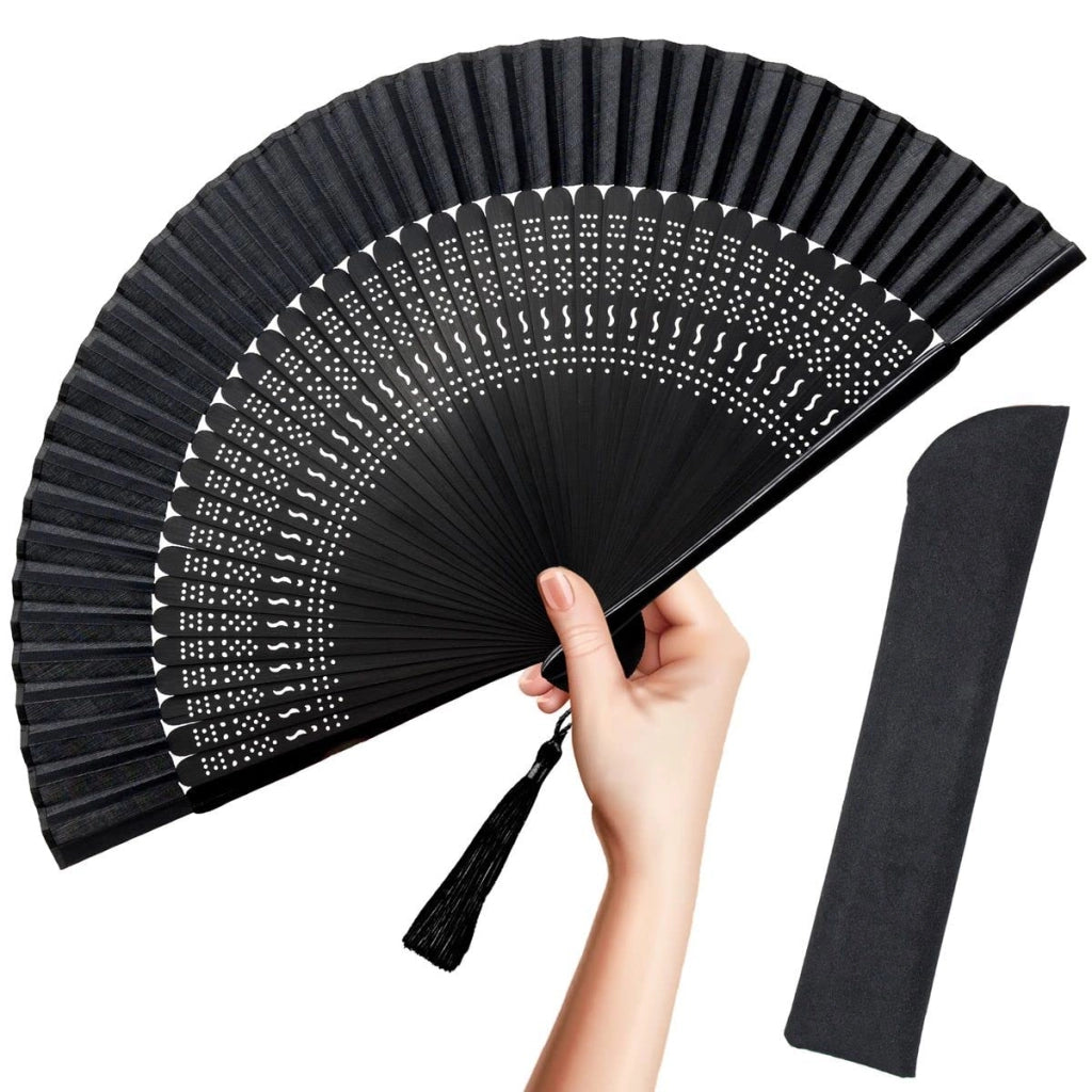 Ventaglio pieghevole in seta con stecche in bambù, colore nero, dimensioni 8,1 x 35 pollici