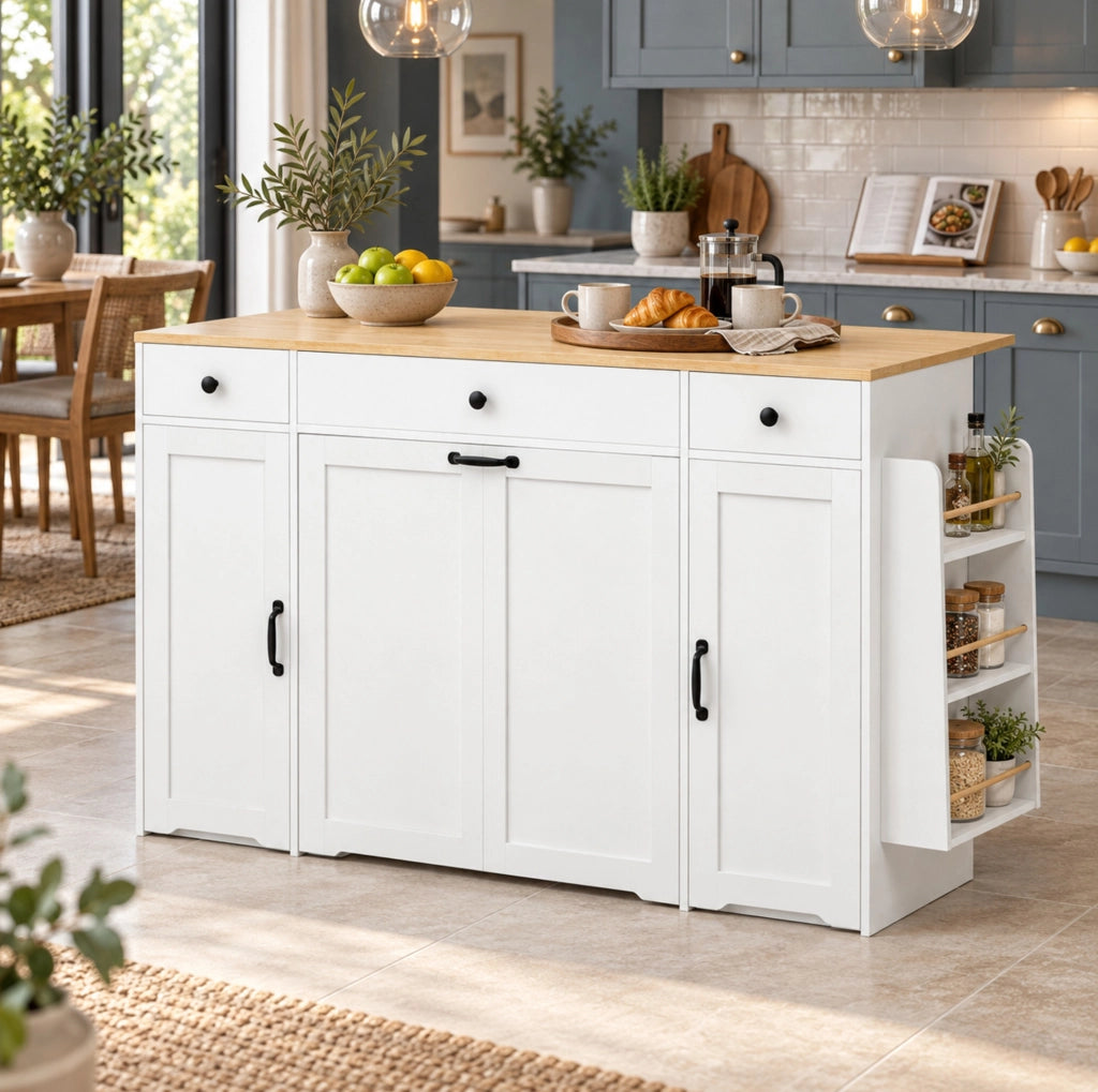 Credenza bianca e color legno con 3 cassetti e 2 ante, 136 × 65 × 90 cm