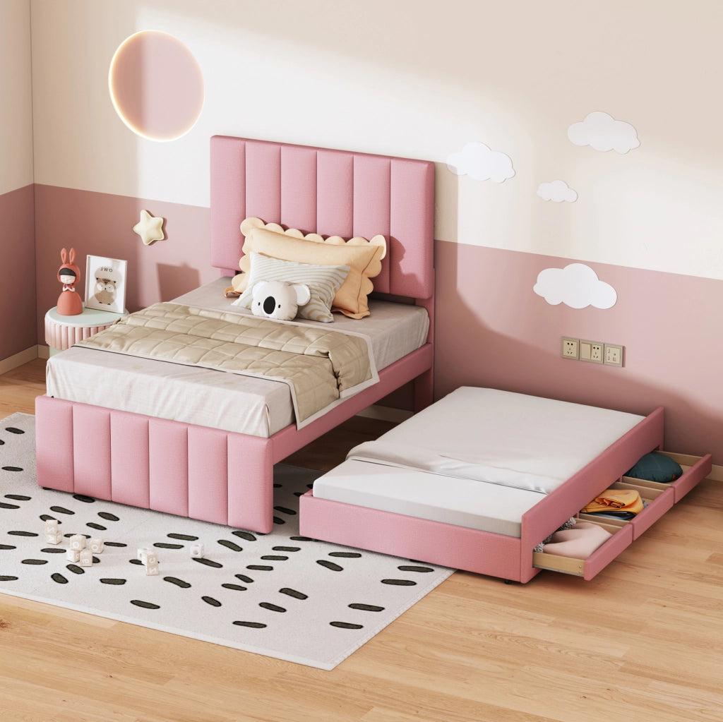 Letto imbottito singolo 90x200 cm con letto estraibile e 3 cassetti, rosa