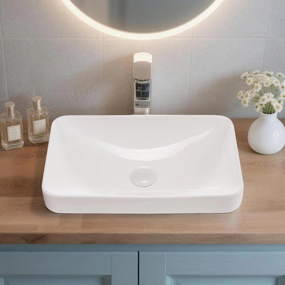 Lavabo Semi Incasso in Ceramica Rettangolare 490x305x120 mm Lavello Moderno da Appoggio Bianco Salvaspazio per Bagno