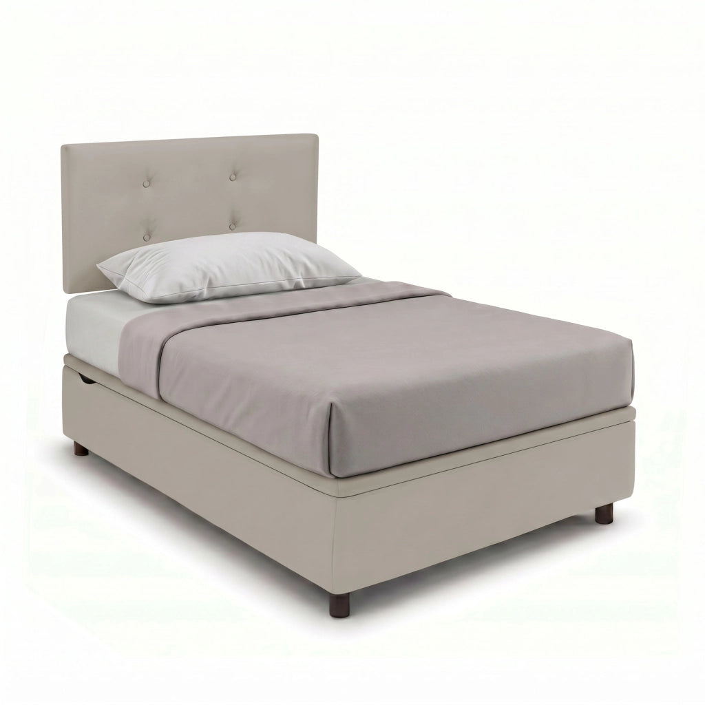 Letto Singolo Contenitore Imbottito 80x200 cm Similpelle Tortora BoxMax Testata Button