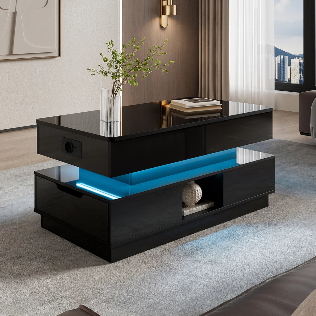 Tavolino da salotto 90 × 48 × 42,5 cm regolabile in altezza MDF nero con LED presa cassetti e vani aperti