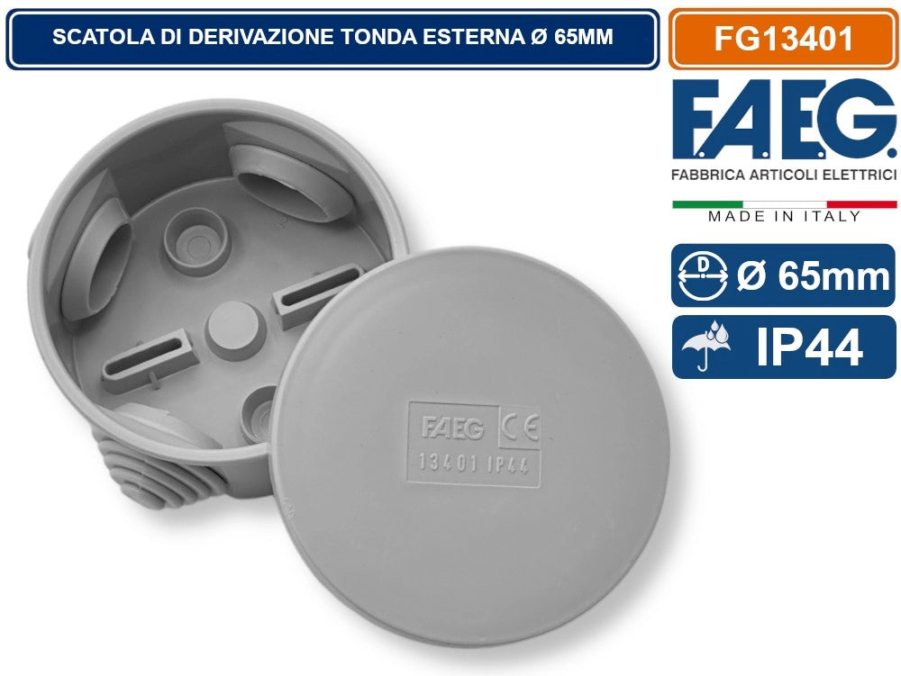 SCATOLA STAGNA DI DERIVAZIONE CON COPERCHIO A PRESSIONE TONDA Ø65X35MM CON 4 PASSACAVI IP44 FAEG - FG13401