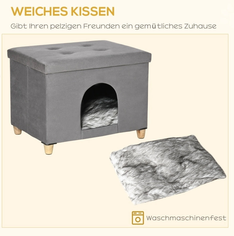 Cuccia per gatto 2 in 1 60 x 45 x 44,5 cm in MDF grigio, pouf sfoderabile imbottito