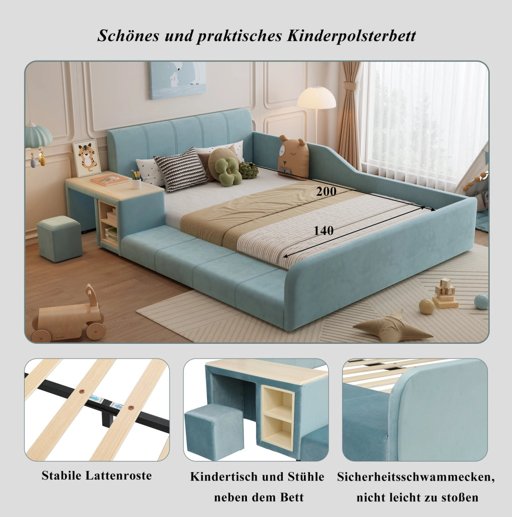 Letto imbottito per bambini 140x200 cm con scrivania laterale e sgabello in velluto blu