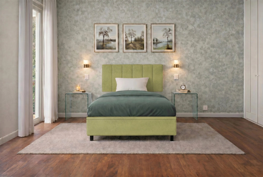 Letto Singolo Contenitore Imbottito 80x190 cm Microfibra Tè Verde BoxMax Testata Vertical