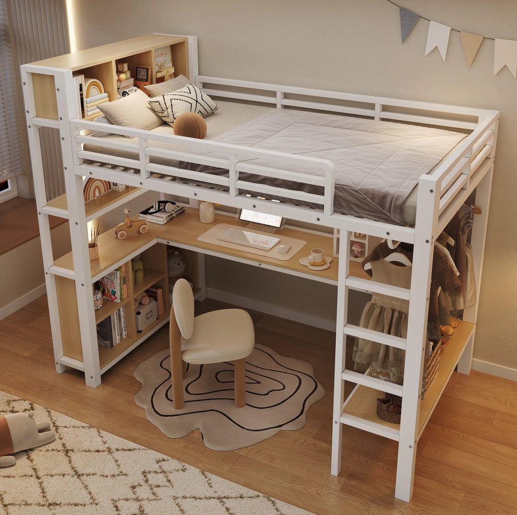 Letto a soppalco 90x200 cm con scrivania, appendiabiti, scaffali e cassettiere, bianco, senza materasso