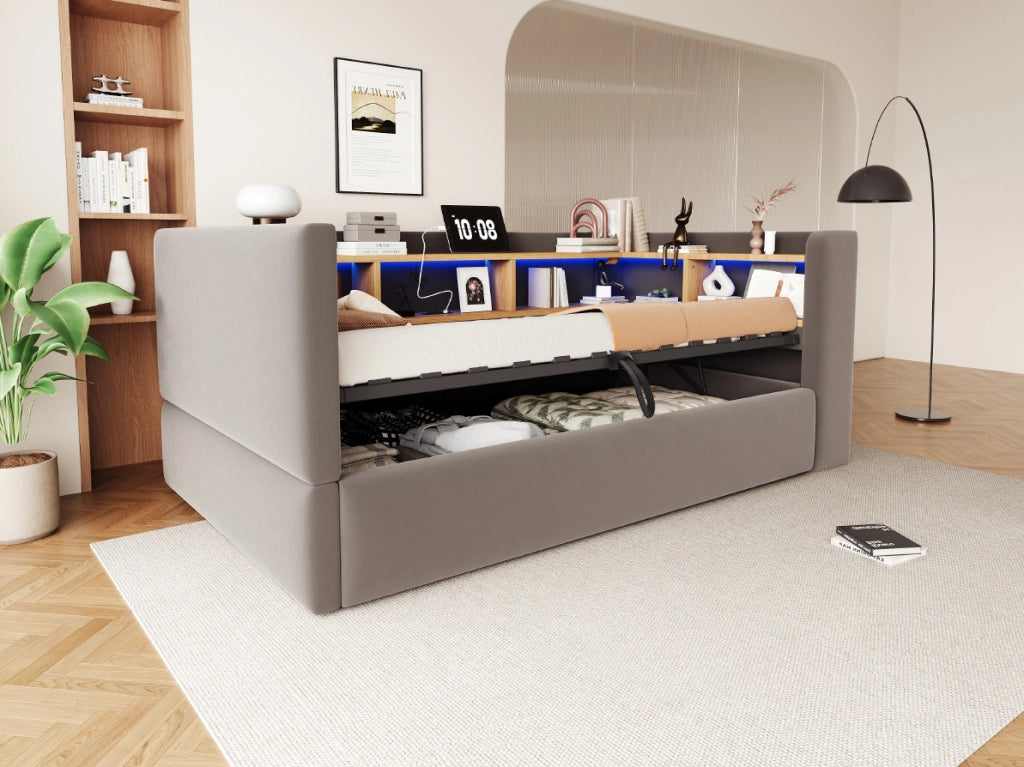 Divano Letto Singolo 90x190 cm con Contenitore Idraulico, LED e Prese, Tessuto Scuro