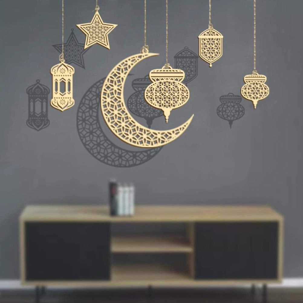 Set di decorazioni per Ramadan, con elementi in legno: luna e stelle, confezione da 6 pezzi
