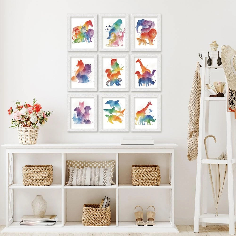 Set di decorazioni da parete con 9 motivi di animali, stile acquerello, non incorniciate, dimensioni 25x20 cm