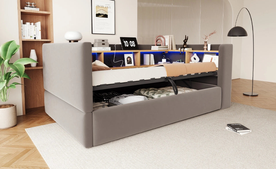 Divano Letto Singolo 90x190 cm con Contenitore Idraulico, LED e Prese, Tessuto Scuro