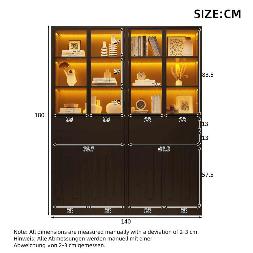 Vetrina con 4 ante, 2 cassetti e LED - per soggiorno - 140×34×180 cm - nero