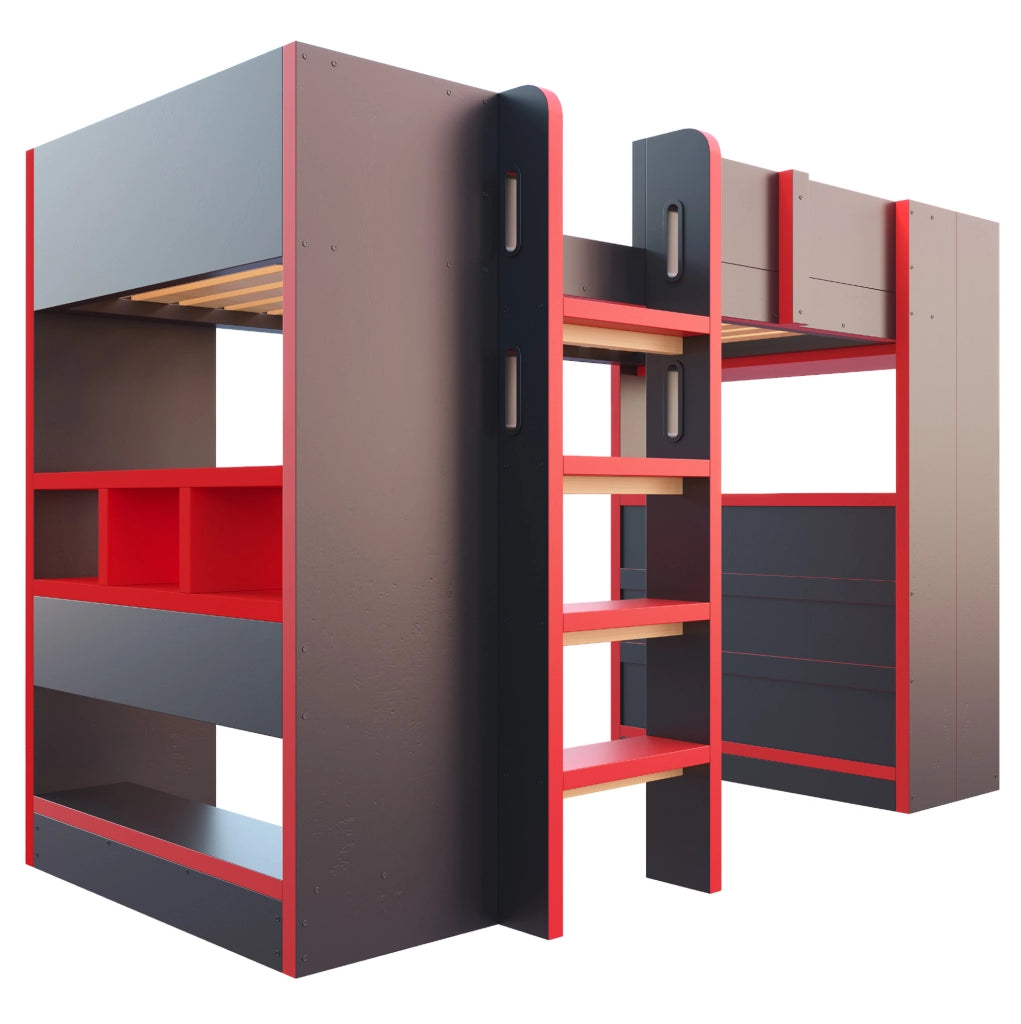 Letto a soppalco 90x200 cm con scrivania, LED e prese in pino, compensato e MDF nero e rosso