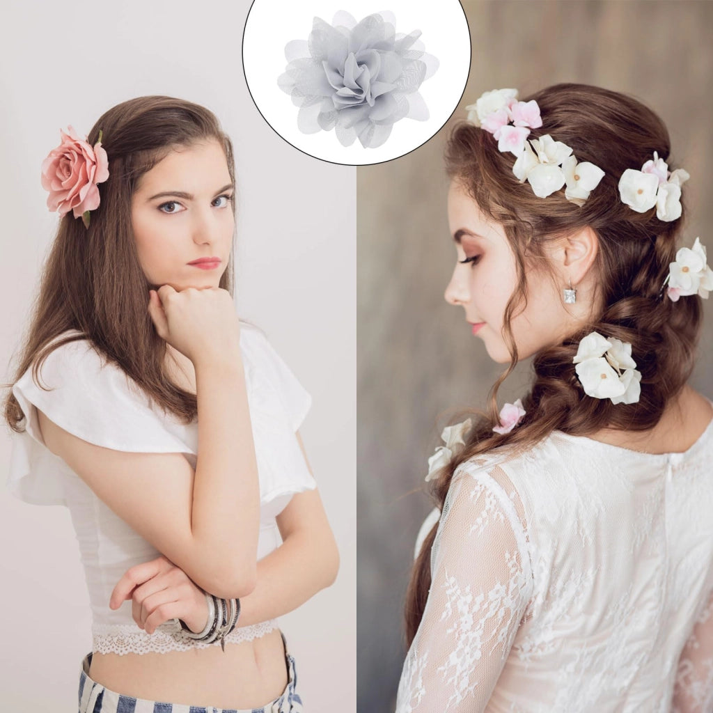 12 fiori in chiffon, 7 cm, grigi, fiori artificiali per lavori manuali
