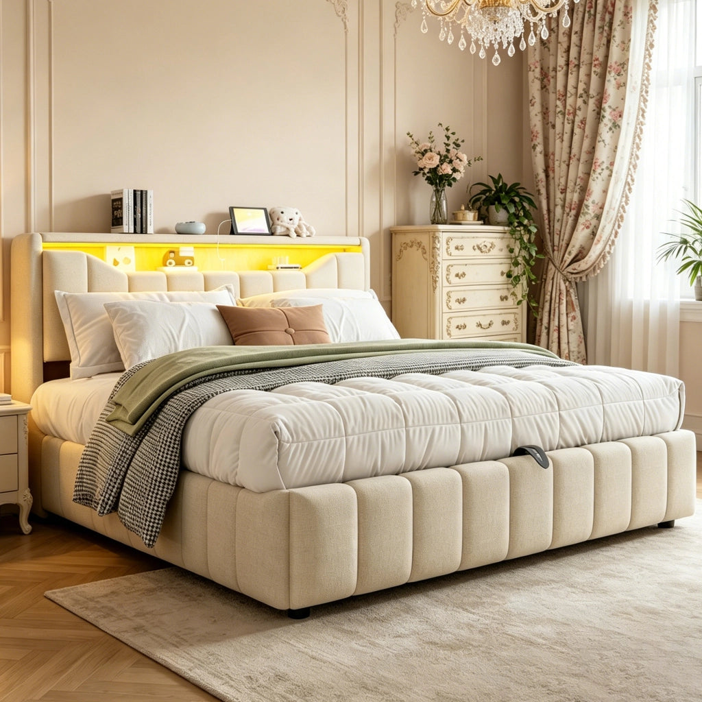 Letto matrimoniale contenitore 180x200 cm; imbottito beige in lino; LED e prese USB