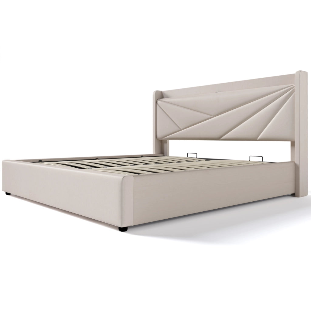 Letto contenitore 160 ¡Á 200 cm con testiera imbottita USB e Type-C in cotone e lino grigio
