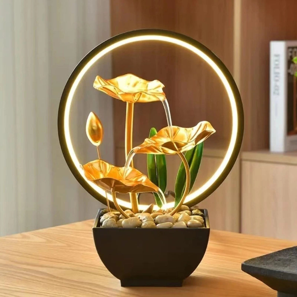Fontana da tavolo a 3 livelli, con foglia di loto, illuminazione a LED e ciottoli