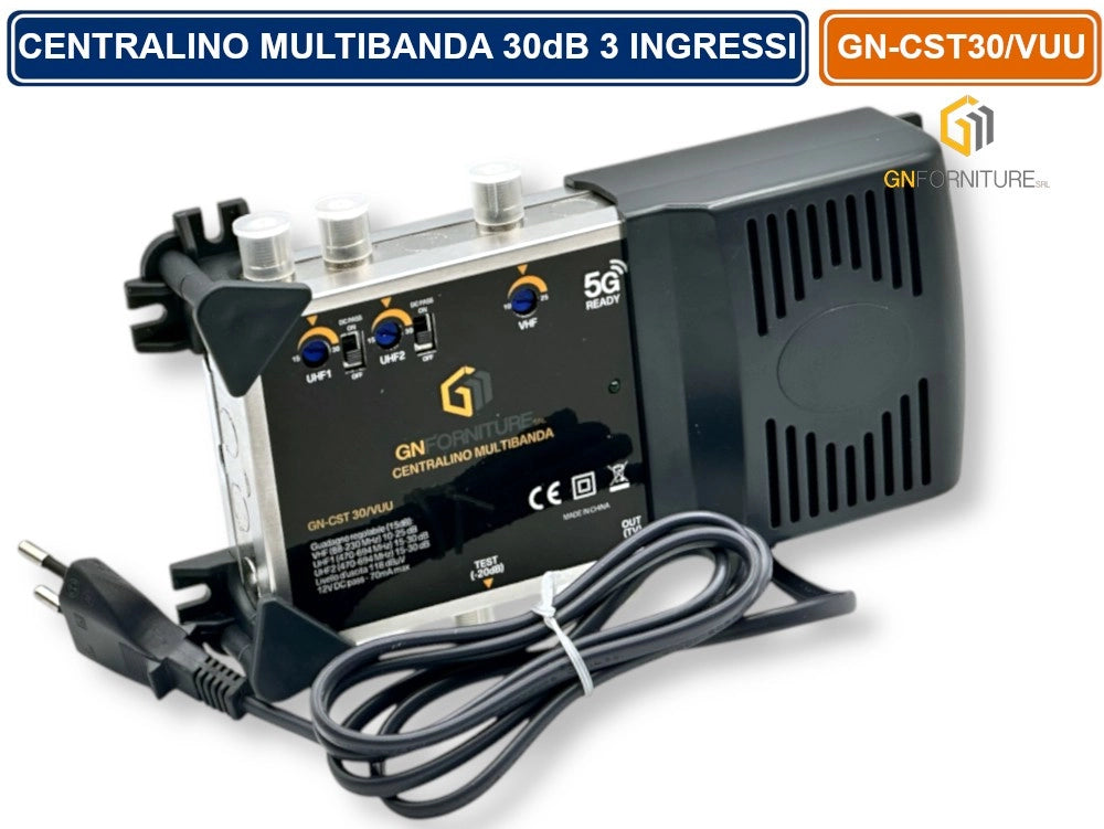 CENTRALINO MULTIBANDA 3 INGRESSI SEPARATI REGOLABILI VHF - UHF - E UHF  118DBµV 30 DB USCITA TEST 20dB CON FILTRO 5G