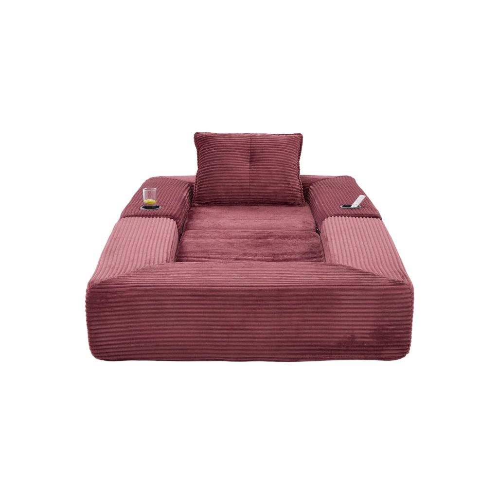 Divano letto pieghevole IVMEU 122 cm in velluto a coste rosso vino, con braccioli rimovibili e portabicchieri